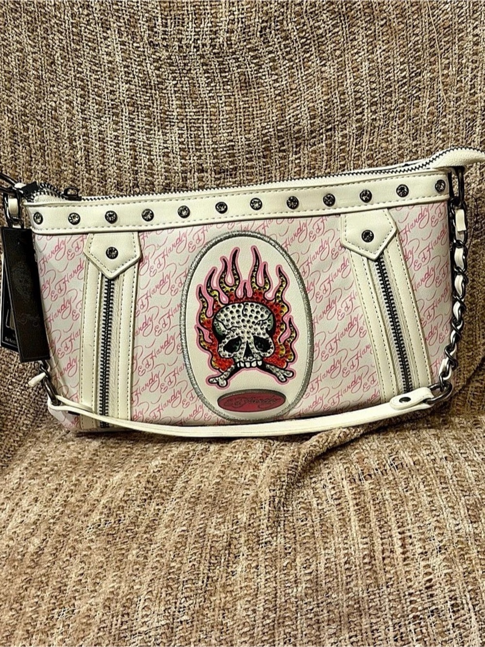 Ed Hardy Studded Graphic Shoulder Bag in White & Pink